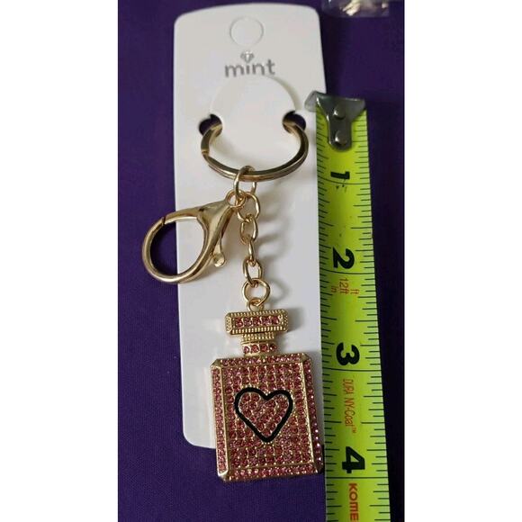 Mint Pink Perfume Bottle Rhinestone Purse Charm Key Ring Chain Gold Tone New - Picture 5 of 5